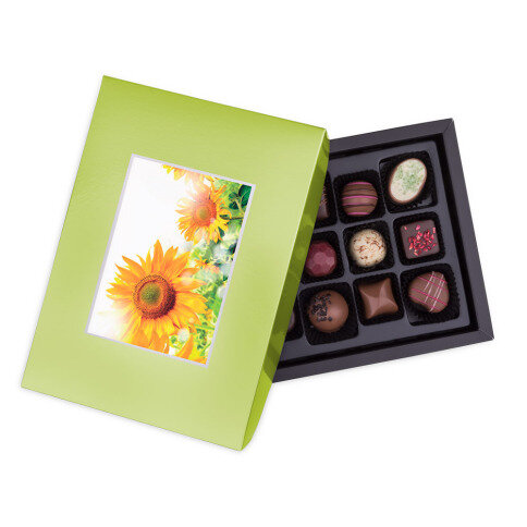 postcard with chocolates, box of chocolates with a picture