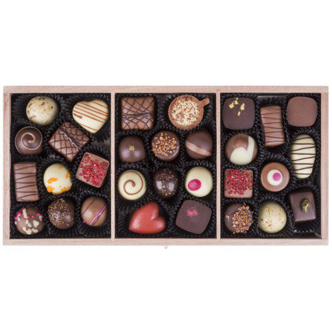 wooden box with handmade chocolates