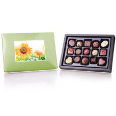 chocolate postcard, chocolate pralines with a picture