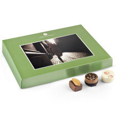 chocolate postcard, chocolate pralines with a picture